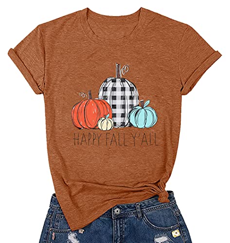 Halloween Happy Fall Y'all Letter T Shirt Women Plaid Pumpkin Graphic Spice Tee Tops (Orange, L) #TOP6