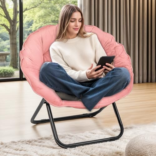 Folding Faux Fur Saucer Chair,Portable Folding Soft Moon Chair for Bedroom, Dorm Rooms, Apartments, Lounging, Garden and Courtyard, Pink