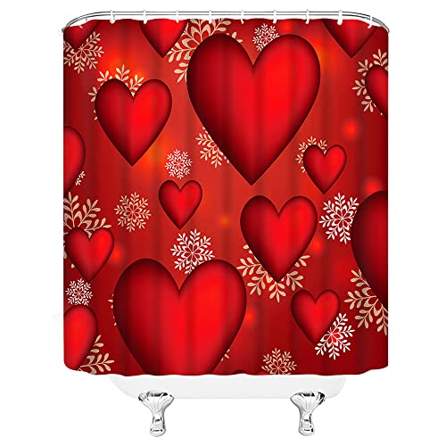 Bst Valentine's Day Shower Curtain Heart Red Peach Snowflake Romantic Dream Creative Red White Bathroom Curtains Decor Polyester Fabric Quick Drying 70X70 Inches Include Hooks #TOP2