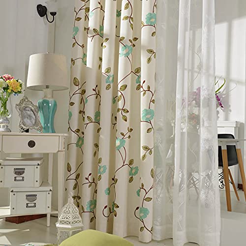 VOGOL Grommet Curtains 84 Inch Length Blue Floral Embroidered Elegant Window Drapes for Living Room Bedroom, W52xL84, 2 Panels