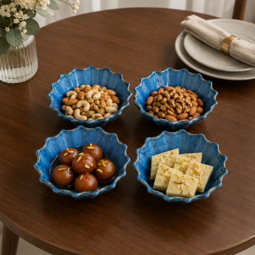 Image of Niyara Stoneware Handmade Ceramic Stylish Premium Bowls Serving Bowls Microwave Dishwasher Safe (Small Blue Moraccan)