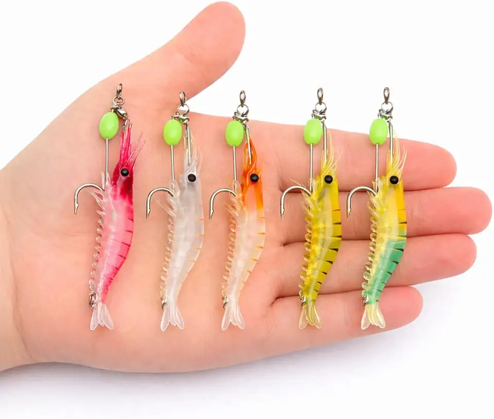 Kit 5 Iscas Camarão Artificial Silicone Com Anzol Luminosa 8cm 5g Para Pesca Robalo Tucunaré Traíra Corvina