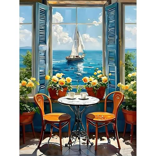 askkqtx Beach Diamond Art Kits for Adults, Sailboat Ocean Diamond Painting Kits for Beginners, DIY 5D Round Full Drill Crystal Rhinestone Dots Gem Art Craft Home Decor 12x16 Inch