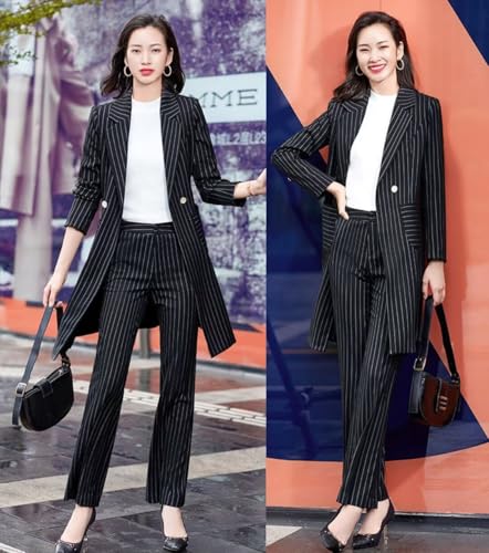 Women's Two Pieces Office Lady Stripe Business Suit Set Slim Fit Double Breasted Long Jacket Pants4