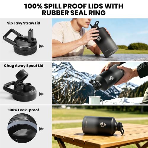 Image of RAYMYLO One Gallon Water Bottle Insulated, Triple Walled Vacuum Stainless Steel (Cold for 48 Hrs), Leak Proof & Non-BPA, Large Water Flask Jug with Paracord Handle & Straw Spout Lids