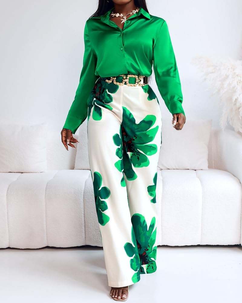 Women’s 2 Piece Satin Outfit, Long Sleeve Top and Floral Print Wide Leg Pants Set, High Waist, Elastic Waist - Image 6