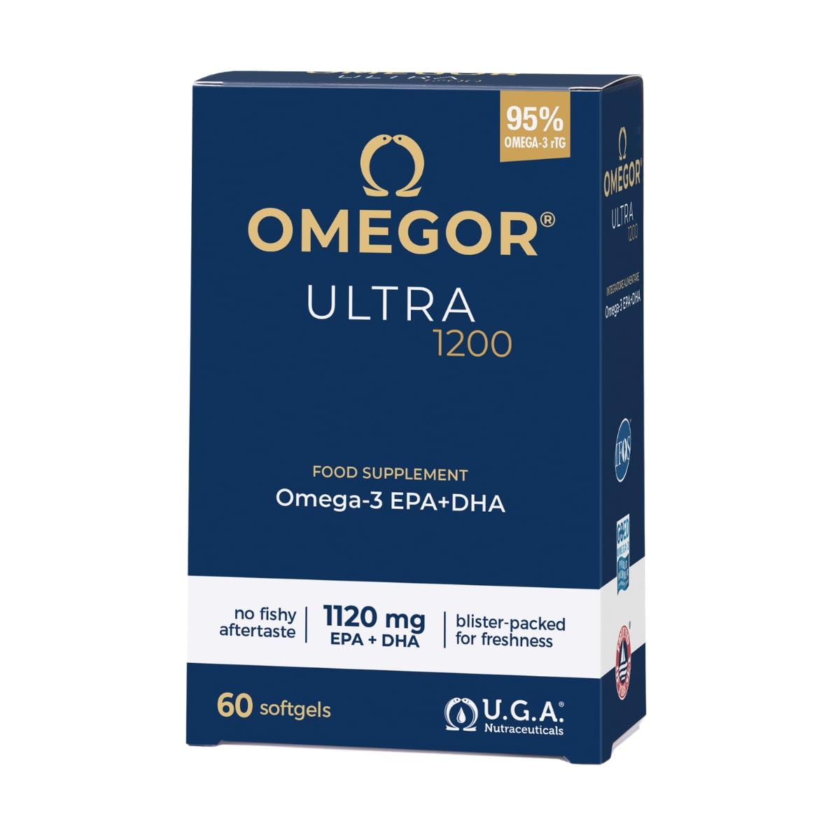 OMEGOR ULTRA 1200 – Supplément alimentaire avec 1200 mg oméga 3 - Fondamental pour le cœur, l'esprit et la vue - Huile de poisson pure - Concentration maximale de capsules oméga 3 – 60 gélules