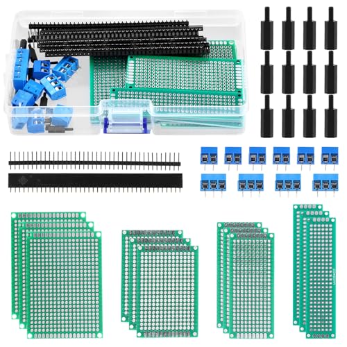 QWORK® 46 Piezas Juego de placas de circuito, PCB placa prototipo de doble cara, kit de placa PCB con tiras macho/hembra y terminales de tornillo