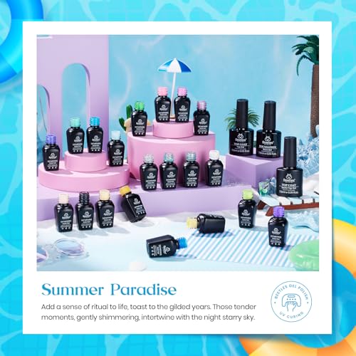 Image of Beetles Summer Gel Nail Polish Set, 20 Colors Pastel Neon Pink Yellow Green Blue White Glitter Gel Nail Polish Kit Base Coat Matte Glossy Top Coat Soak off Uv Gift for Women