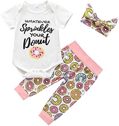 3Pcs Infant Baby Girl Romper Donut Pants Bowknot Headband Outfit Clothes Set White