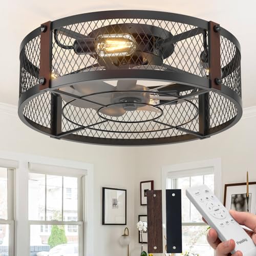 Image of Passky 20 inch Farmhouse Flush Mount Ceiling Fans with Lights and Remote, Industrial Black Caged Low Profile Fandelier, 6 Speeds Bladeless Ceiling Fan for Bedroom, Kitchen, Living Room