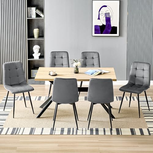 LEWE Conjunto de Comedor con Mesa 6 Sillas, Mesa de Cocina Rectangular Madera Clara de 140X80X76cm con 6 Gris Oscuro Sillas de Comedor Holandés Terciopelo, Patas Metal Negro, Aptas Comedor y Salón