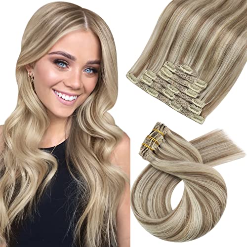 Moresoo Human Hair Extensions Clip in Light Brown with Platinum Blonde Clip in Hair Extensions Real Human Hair 14 Inch Mid-length Remy Silky Soft Straight 5pcs/80g #9A/60