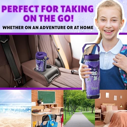 Image of Get Trend Hello Kitty Sanrio Tumbler Stainless Steel with Straw 30oz Girls Teens Insulated Cup with Lids, Kuromi Travel Mug, Kawaii Gifts for Girls (Purple Kuromi)