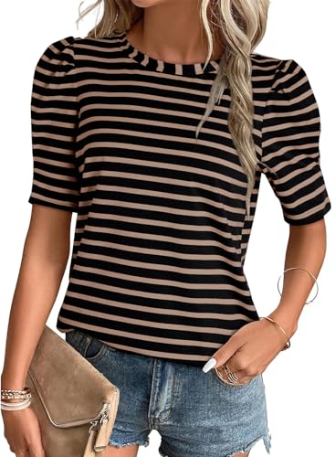 Dokotoo Women's Casual Short Puff Sleeve Crew Neck Striped T Shirts Summer Tops