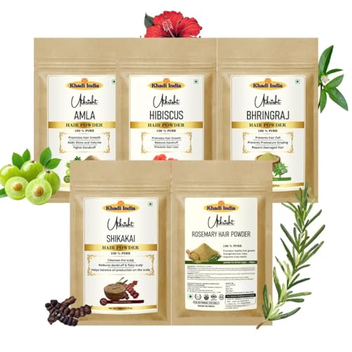 Image of Amla, Hibiscus, Bhringraj, Shikakai & Rosemary Hair Powder for Hair Growth & Hair Fall Control | 100% Pure Herbal Pack for Strong, Thick & Shiny Hair | Ayurvedic Powder - Pack of 5