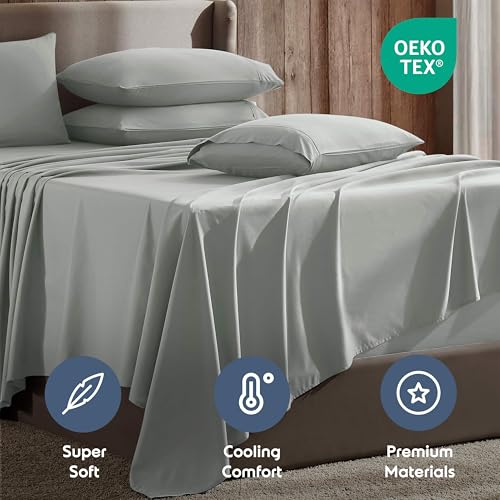 Image of Nestl Extra Deep Split King Sheet Set - 7 Piece Breathable & Cooling Sheets - Hotel Luxury Bedding Set w /18-24 Inch Deep Pockets - Easy & Secure Fit - Super Soft, Wrinkle Free & Comfy - Sage Green