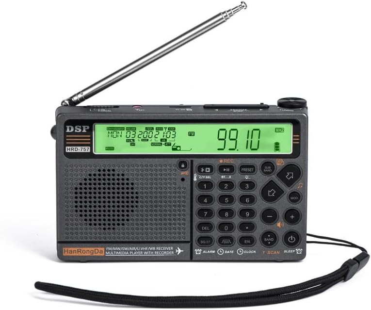 Front view of HanRongDa HRD-757 radio with antenna extended and display showing frequency 99.10 MHz