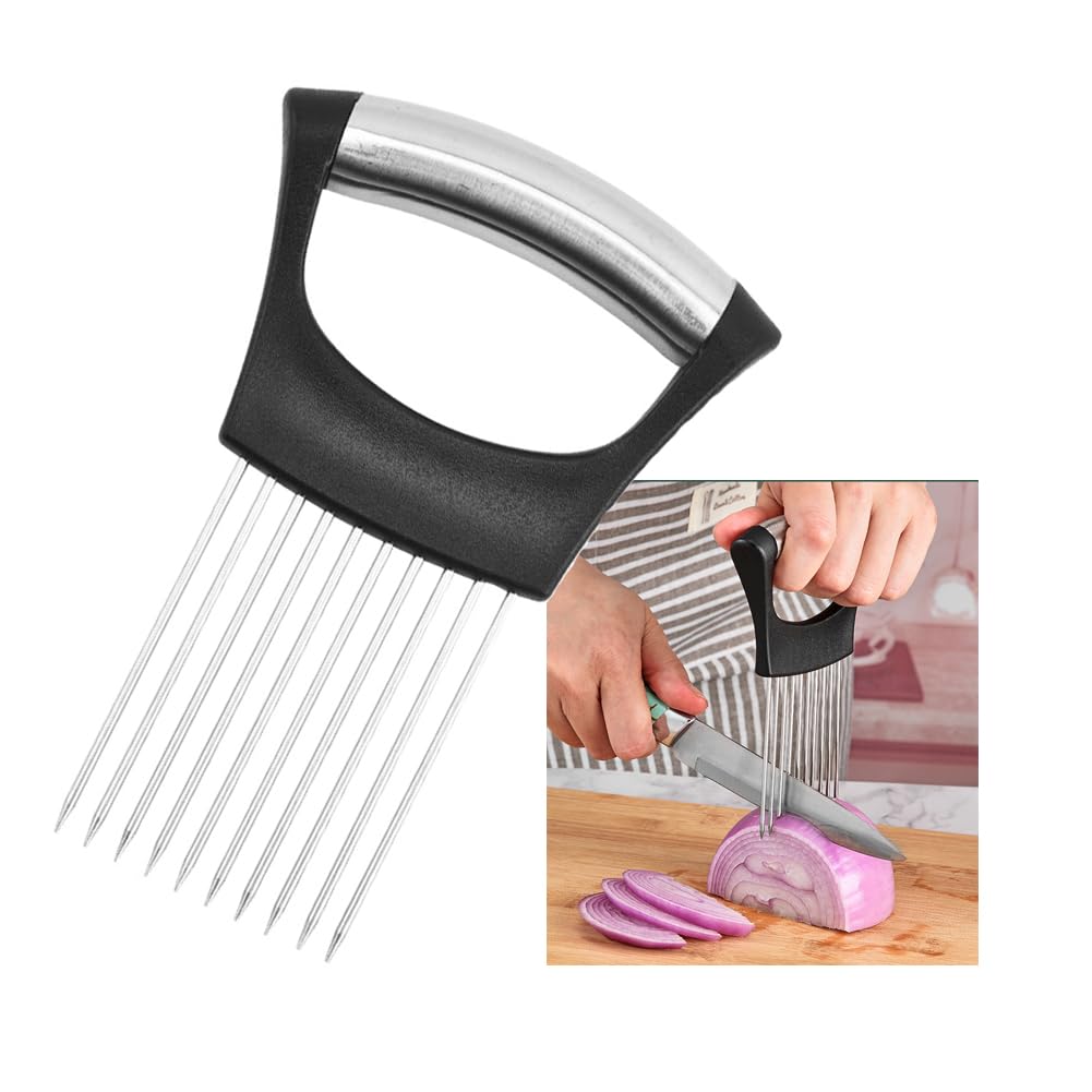 Onion Holder for Slicing, Stainless Steel Onion Cutter for Slicing and Storage, Food Slicer Assistant Tool for Potato Tomato Avocados Lemon Eggs Vegetables Fruit and Meat