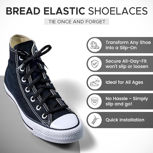 Bread Elastic Shoelaces – Tie Once, Slip On – Stretch Shoelaces That Look Real for Sneakers, Boots & Everyday Wear, Shadow Black, 45" - Thumbnail 3