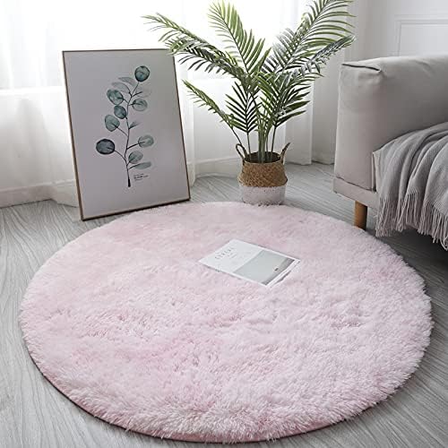 SoCool Alfombra redonda rosa para dormitorio, alfombra de área de pelo liso, alfombra circular peluda esponjosa de 4 x 4 pies para habitación de