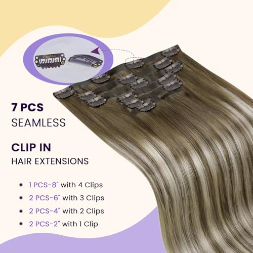 Image of LaaVoo Seamless Clip in Hair Extensions Real Human Hair Ombre PU Weft Human Hair Clip in Extensions Balayage Chestnut Brown Mix Platinum Blonde Seamless Hair Extensions Clip ins 18 Inch 7pcs 110g