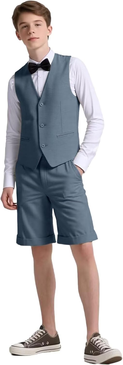 Boys Vest Suits 2 Piece Formal Kids Teen Slim Fit Shorts Sets Tuxedo Dress Suit for Summer Beach Wedding