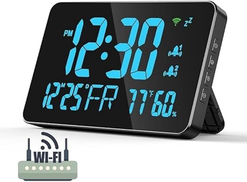Rutexc 置き時計、LED 大文字表示 温度・湿度・カレンダー・アラーム 耐用 設置容易 スマート温度計 WiFi 自動時刻修正温湿度電子時計 シンプルスマート リビング・ベッドルーム等住宅シーン用、生活の利便性向上と住環境の質の向上に寄与します。お気