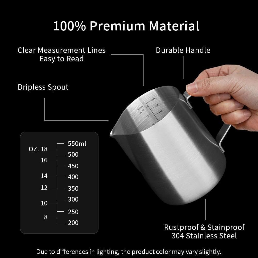 watchget Jarra de espuma de leche de acero inoxidable de 20 onzas/600 ml, jarra de vapor para capuchino, arte con leche, accesorios para máquina de café, jarra de leche, taza de espumador de café
