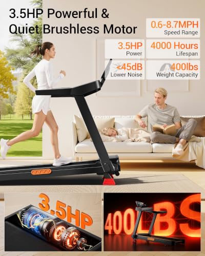Image of UMAY Fitness Treadmill with 0% /20% Auto /Manual Incline, Treadmills for Home Folding with Pulse Sensors, 300 /350 /400LBS Capacity, Max 4.0HP Quiet Brushless & 8.0 /8.7 /9.5MPH