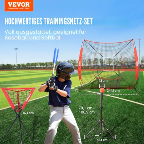 VEVOR 244 x 106 x 211 cm Baseball-Softball-Übungsnetz, Baseball-Trainingsnetz, Schlagen, Fangen, Pitchen, Backstop-Baseballausrüstung mit Bogenrahmen, Tragetasche, Schlagzone, Ball, Ballsammler
