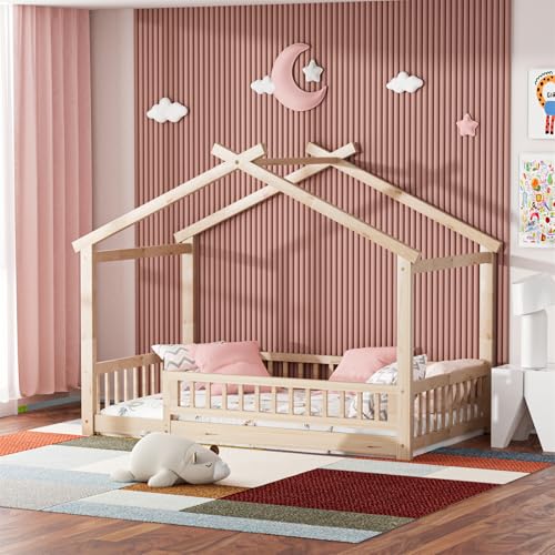 LLS Twin House Bed with Fence, Wooden Montessori Bed with Slats Support, Floor Bed Frame for Boys...