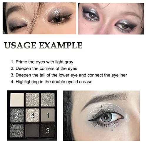Black Smokey Eyeshadow Palette Makeup, Cool Toned 9 Colors Black Gray Silver White Eye Shadow Makeup Palette,Longlasting Waterproof Matte Glitter Smoky Eyeshadow (A) #TOP2