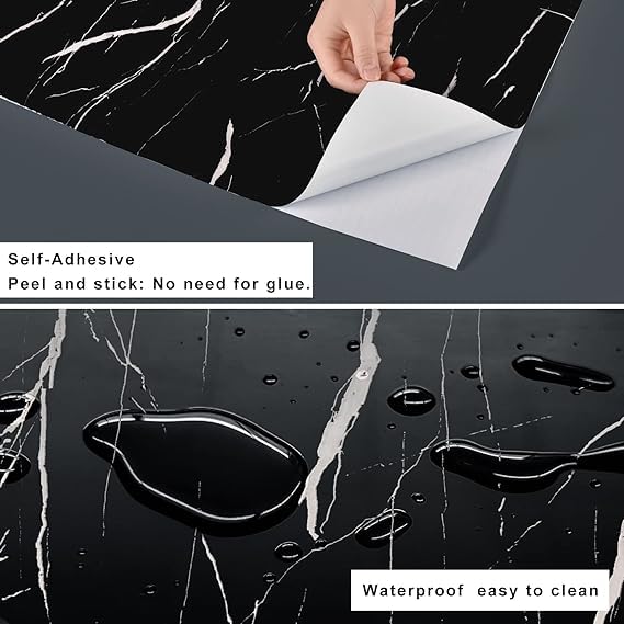 Image of HOME13 Vinyl Black Grey Shine Marble Removable and Decorative Vinyl Wallpaper for Kitchen Countertop Cabinets Table, 2 Ft x 4 Ft with 2pcs
