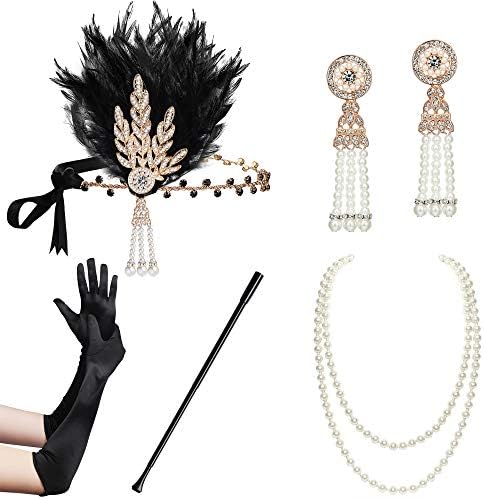 Set Accessori Anni '20 Gatsby Flapper - Guanti, Collana, Copricapo, Orecchini
