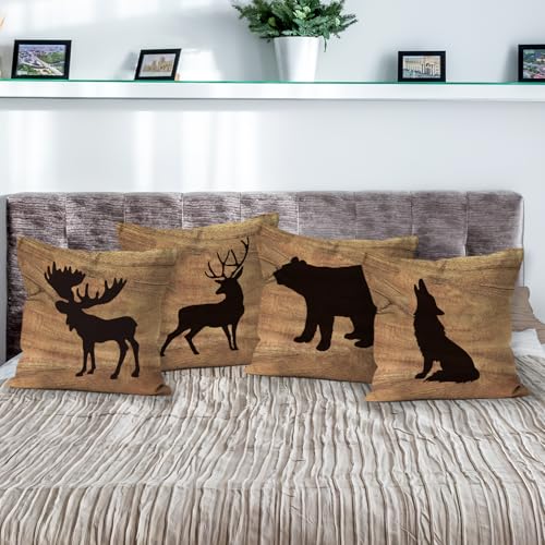 Hiwx Log Cabin Decor, Cabin Throw Pillows Cover, Cabin Bear Deer Moose Wolf Decorative Throw Pillow Cover, Rustic Woodland Log Cabin For Bed Lodge Room Home Decor 18 X 18 Inch Set Of 4 Pillowcase thumb #1