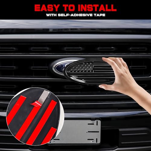BESTAOO 9.5 Inch Front Grille Rear Tailgate Emblem Compatible with 2015-2024 Ford F150,Overlay American Flag Decals Exterior Accessories, Black