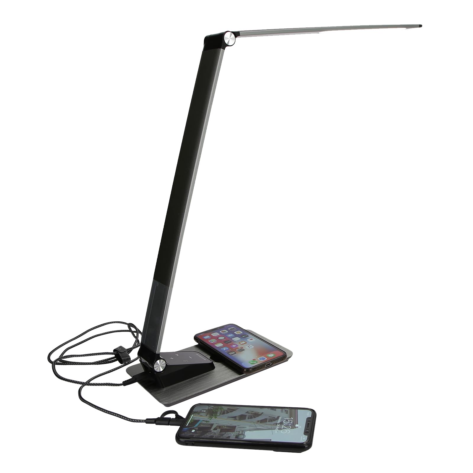 JVD - Lampe LED de Chevet et de Bureau - Avec Chargeur à Induction Sans Fil et Port USB - Luminosité Réglable - Éclairage Blanc Chaud et Froid - Pour Chambre d’Hôtel et Bureau