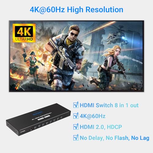 4K@60Hz HDMI Switch 8 in 1 Out, HDMI Switcher Selector Box with IR Remote Control, Support 4K 60Hz Ultra HDR HDCP 3D for Xbox PS5 PS4 Xbox PC Laptop - Thumbnail 4
