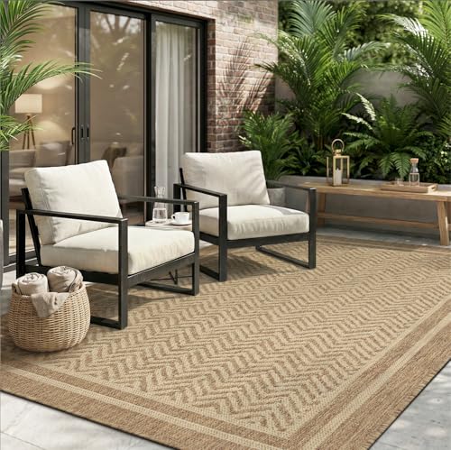 MontVoo-Outdoor Rug-Patio Rug 5x7 Polypropylene Indoor Outdoor Rugs Outdoor Carpet for Patio Deck Balcony Porch, Textured Weave, Durable for High Traffic, Fade-Resistant, Boho Farmhouse Neutral Brown