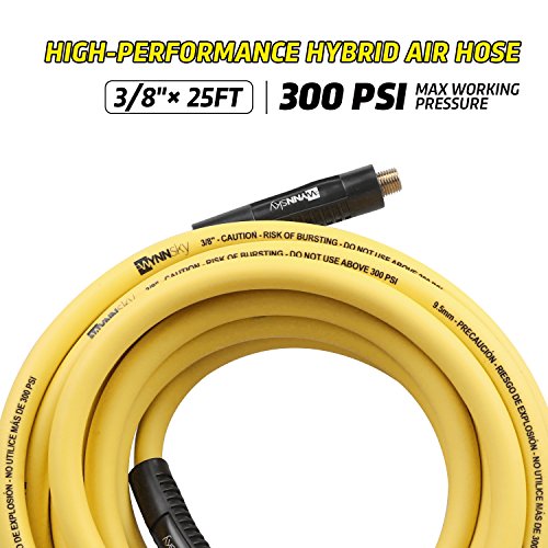 Wynnsky Hybrid Air Hose 3/8 In. × 25Ft. 1/4" Mnpt Fittings, 300 Psi Max Working Pressure,Non-Kinking, Lightweight, Flexible In Extreme Cold Weather, Excellent Uv, Oil And Abrasion Resistant #TOP3