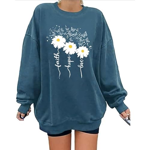 Christian Sweatshirts For Women Oversize Faith-Hope-Love Daisy Graphic Pullover Top Casual Loose Fit Tops Blue Small