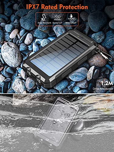 Solar Power Bank 36800Mah Portable Solar Charger 5V3.1A,Qc 3.0 Dual 2 Usb,Led Flashlights Port Strong Led Ipx7 Flashlight,Waterproof, Dustproof, Shockproof (Black) #TOP4