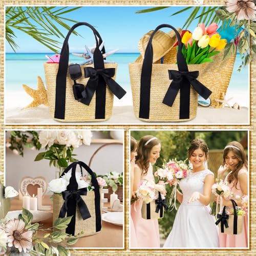 Clysee 6 Pcs Bridesmaid Straw Beach Bags Reusable Woven Burlap Tote Bags with Handles Ribbon for Bachelorette Wedding Gifts(Black) - Thumbnail 6