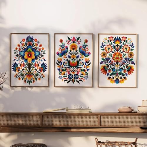 Affiche fleurs et art populaire : lot de 3 toiles de salon