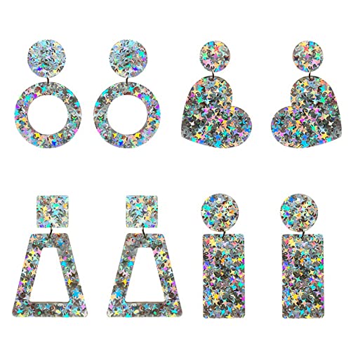 Acrylic Heart Glitter Sequins Drop Dangle Earrings Colorful Big Love Heart Statement Dangling Earring Studs Sparkling Jewelry For Women Girls Girlfriend Gifts Valentine's Day (Silver) #TOP2