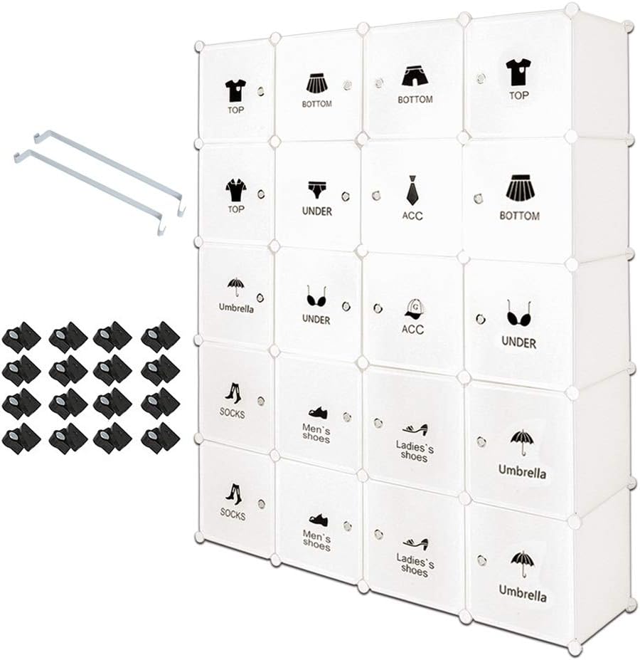 Meerveil Cube Portable Wardrobe, Plastic Modular Wardrobe,Cube Storage Organizer for Hanging Clothes,Modular Cabinet for Clothes, Book,Shoe, Toy (with Stickers,20 Cube)