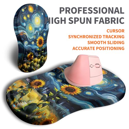 Image of Ergonomic Joint Wrist Support Mouse Pad with Memory Foam Cushion Massage Bump, Carpal Tunnel Pain Relief Mousepad Slope Design for Wrist Rest, 11.8x7.9 in, Sunflower