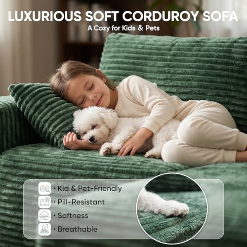 Image of Boneless Couch, 127 inch Sofas for Living Room, U Shaped Couch with Chaise | Sectional Sofa, Cloud Couch Sectional with Cup Holders and Storage, Cloud Sofa with Deep Seat, Green, Corduroy, No Assembly