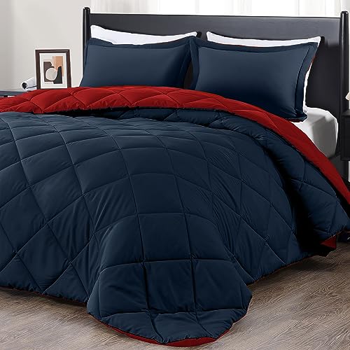 Image of downluxe King Size Comforter Set - Red and Navy King Comforter, Soft Bedding Sets for All Seasons -3 Pieces - 1 Comforter (104 inchx92 inch) and 2 Pillow Shams(20 inchx36 inch)